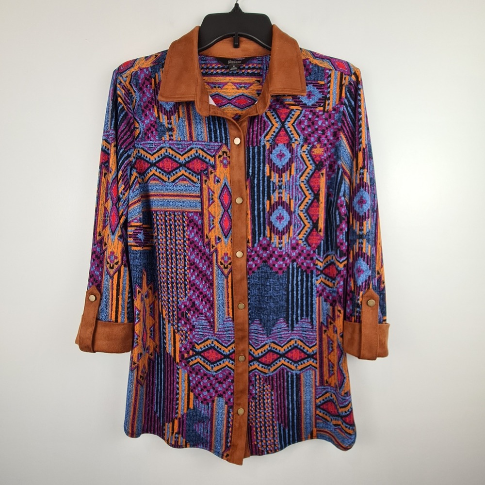 Slim Factor by Investments Womens Southwest Tribal Snap Button Tunic Top S Aztec